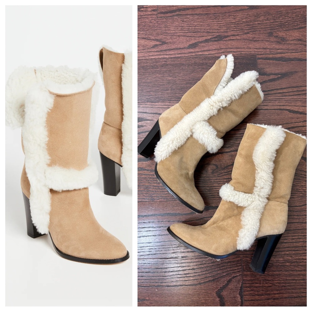 IRO Paris Fokine Shearling Suede High Heel Boots Tan Size 38
